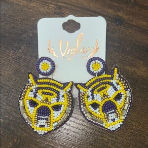 Vigh Beaded Tiger Earrings - Yellow and Purple. LSU Football